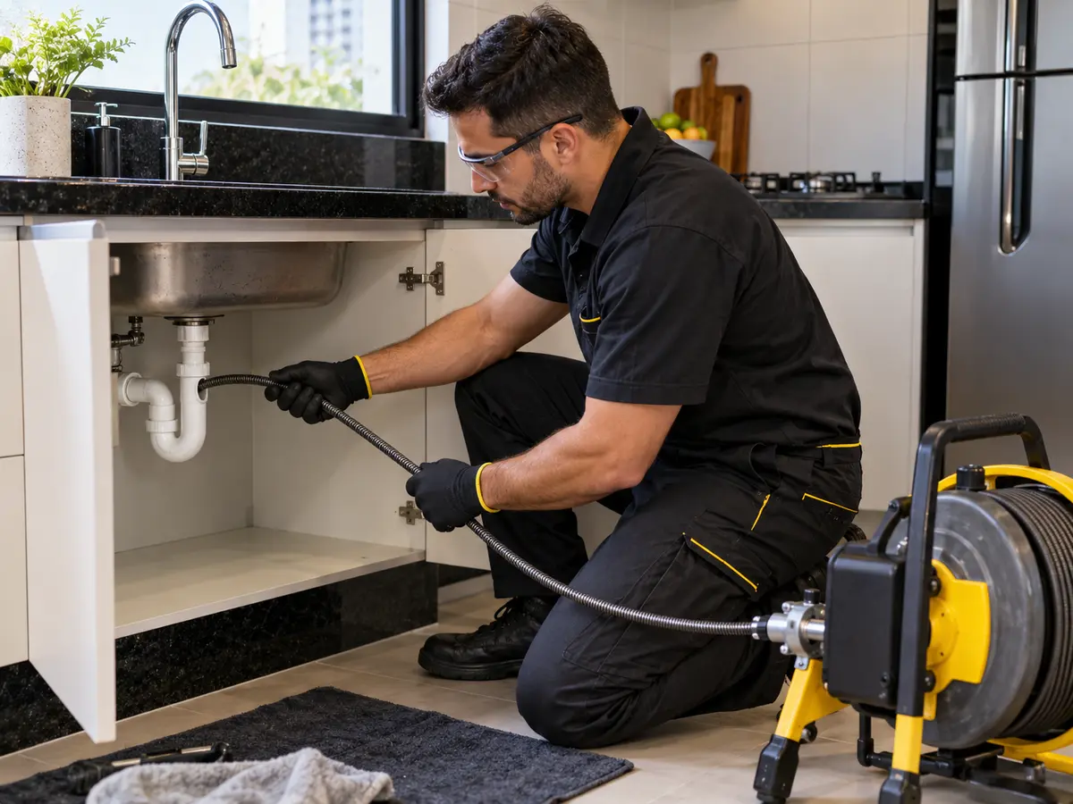 Técnico realizando desentupimento de pia com equipamento profissional